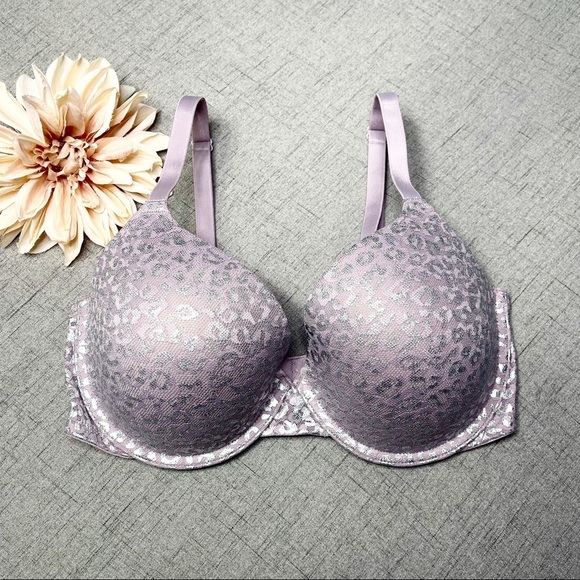 Victoria’s Secret Pink Wear Everywhere T Shirt Bra Purple & Silver Lace 34DD - Picture 2 of 9